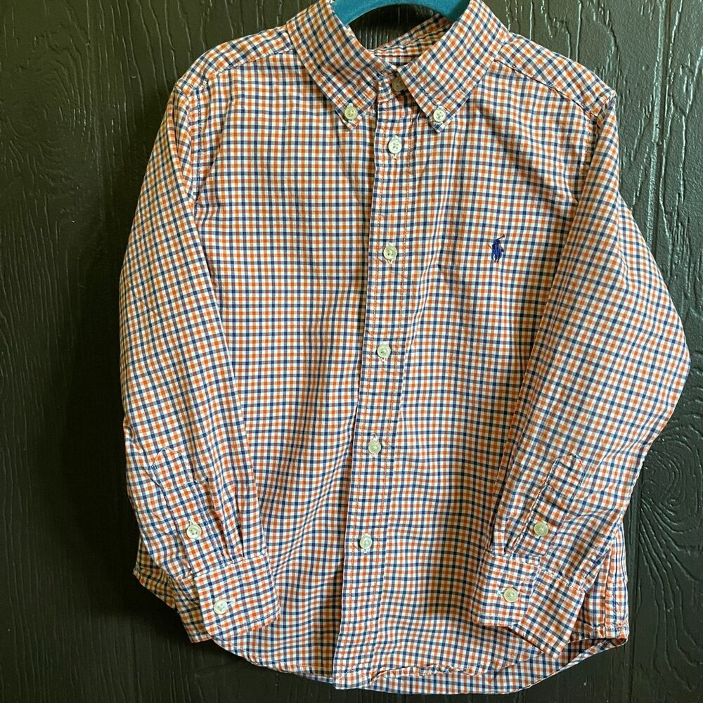 Ralph Lauren Boys Button-Down Shirt - Size 5 - Orange & Navy Gingham Check